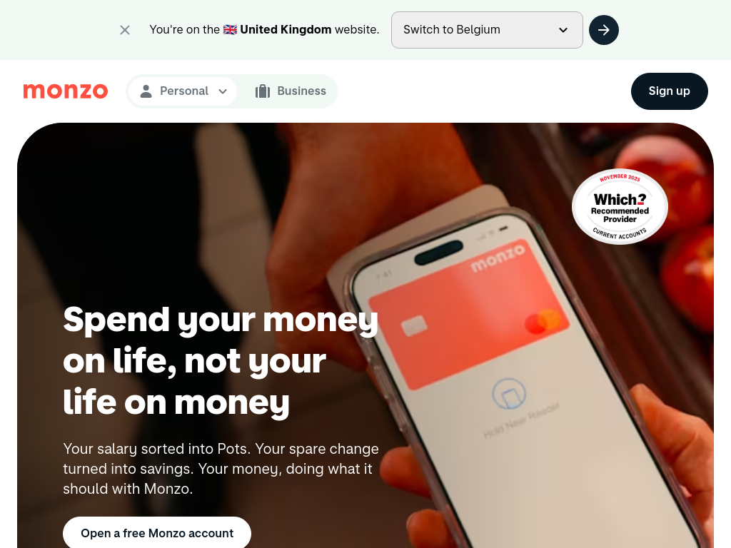 monzo.com bei 1024 Pixeln