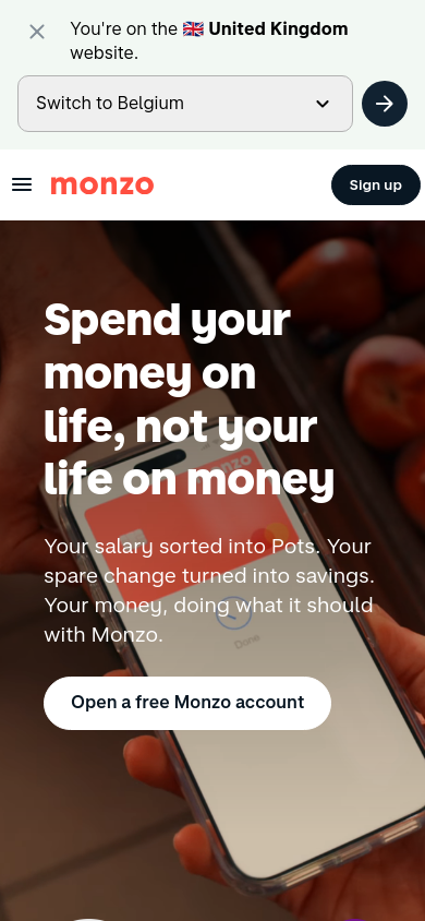 monzo.com bei 390 Pixeln