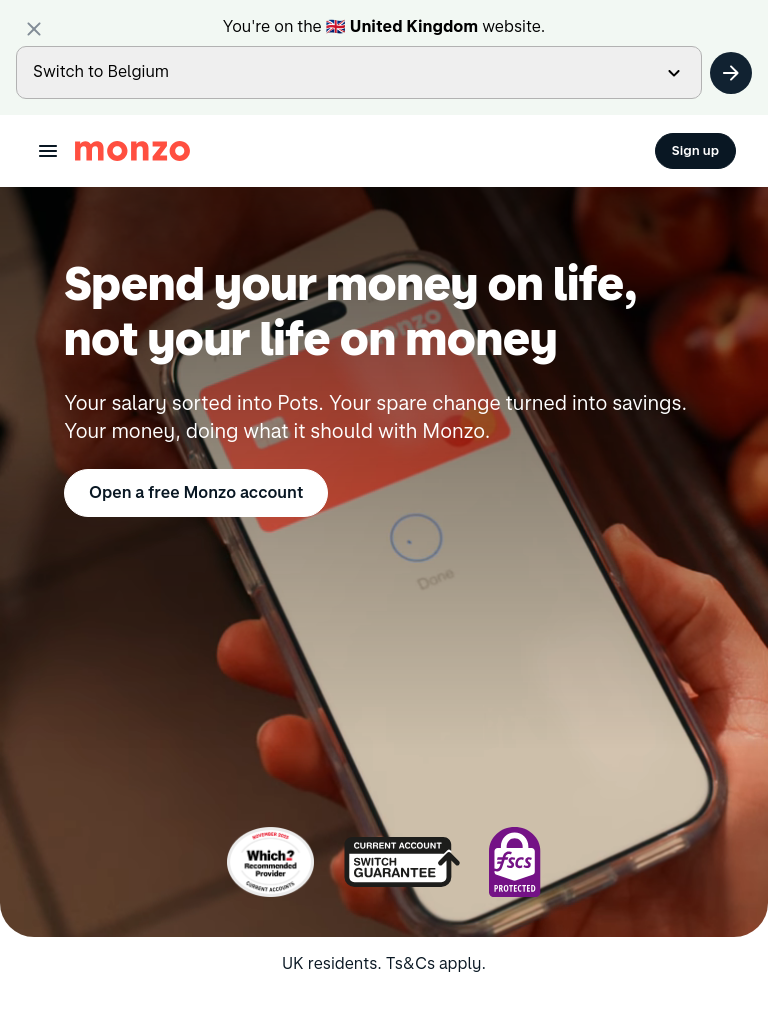monzo.com bei 768 Pixeln