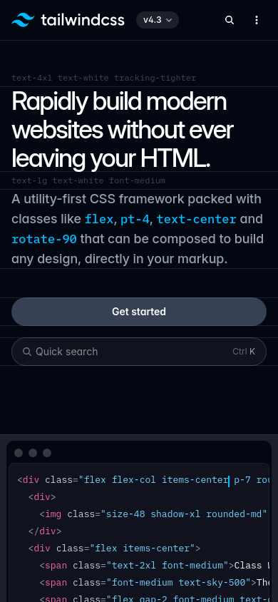 tailwindcss.com bei 390 Pixeln