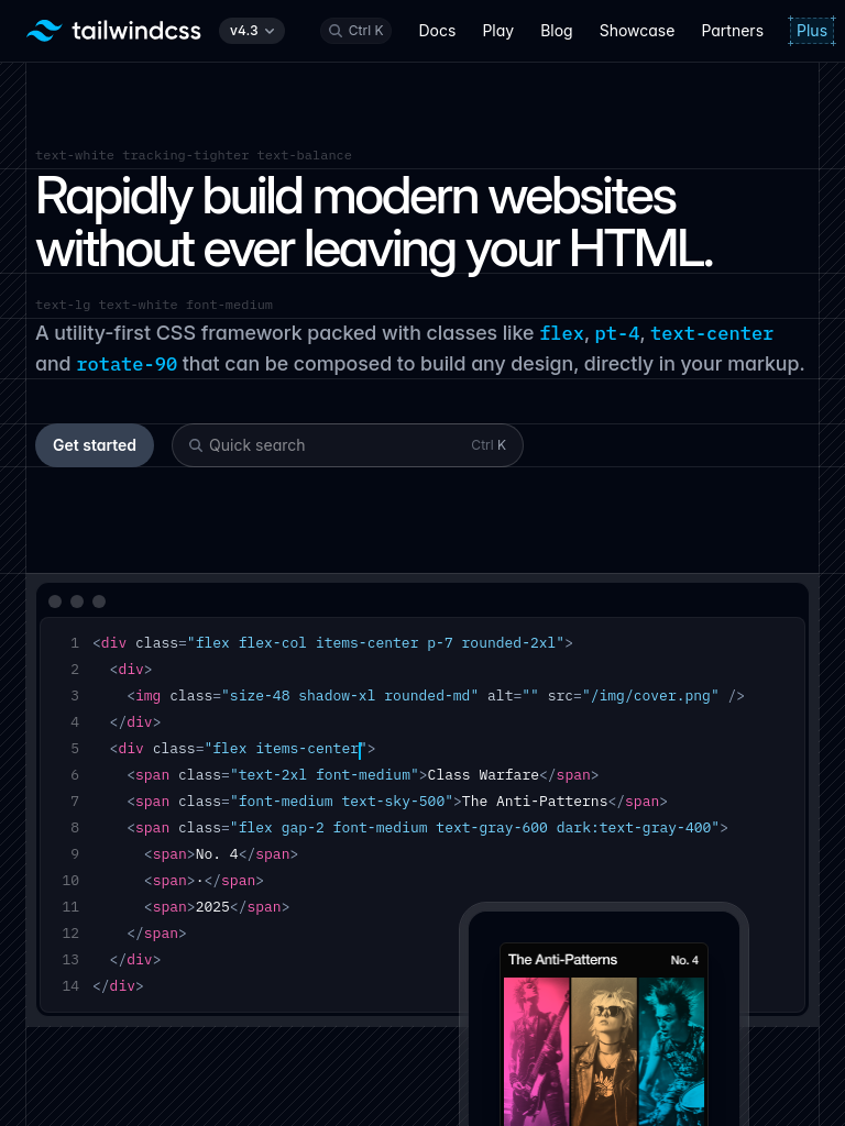 tailwindcss.com bei 768 Pixeln