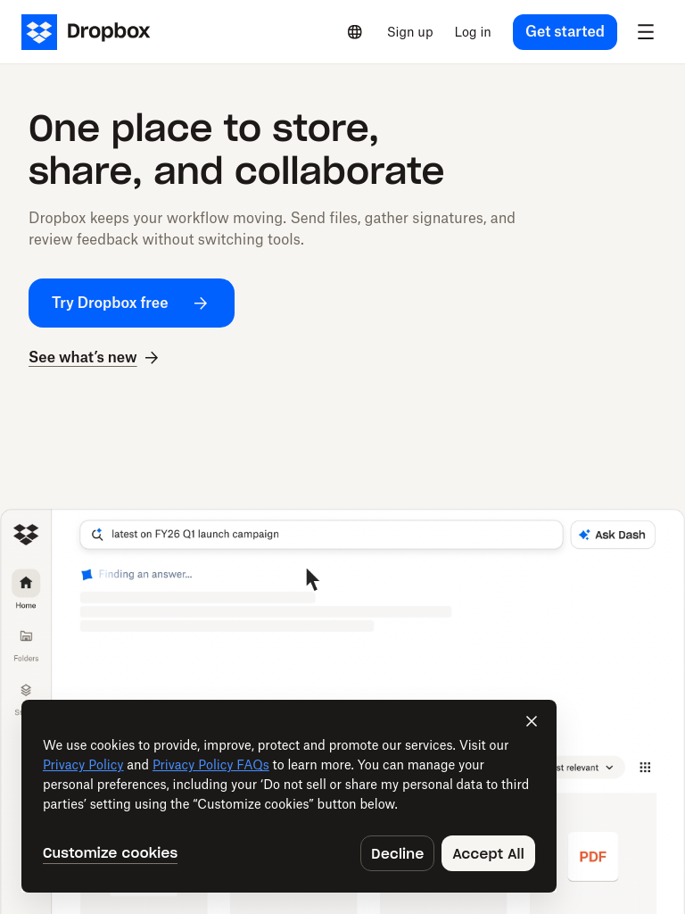 dropbox.com at 768 pixels